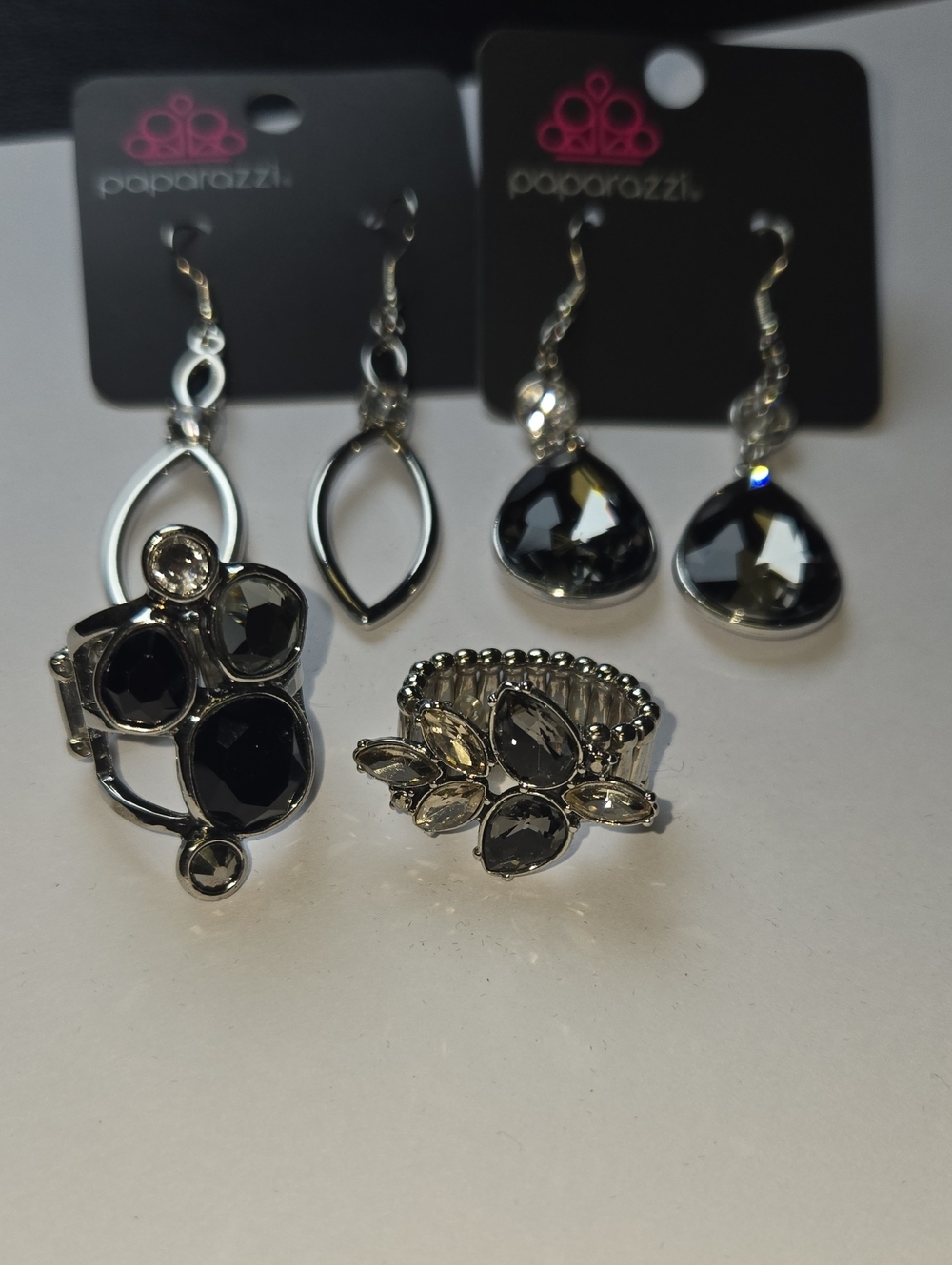 paparazzi Silver-Tone Black Crystal Earrings and Rings Trio